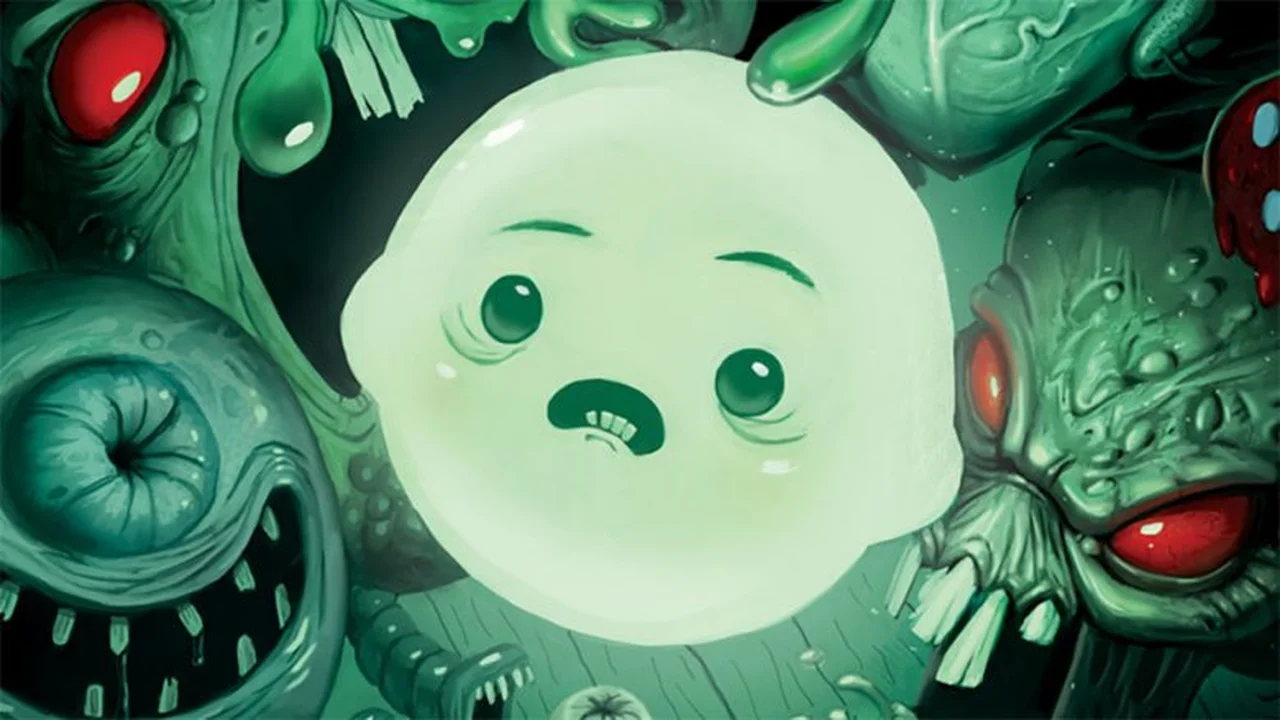 Close up on a plate of mashed potatoes, topped with baked pork chops with cream of mushroom soup, and a side of green beans.