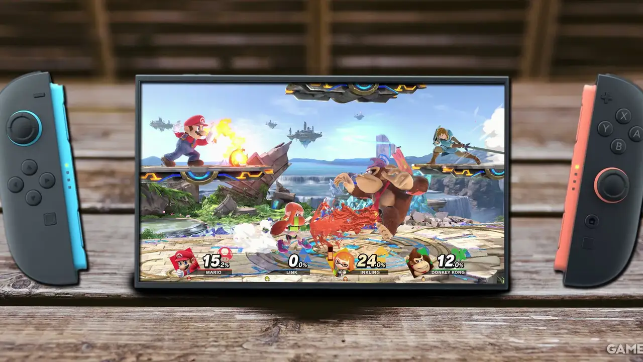 Close up on a plate of mashed potatoes, topped with baked pork chops with cream of mushroom soup, and a side of green beans.